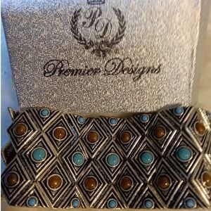 Premier Designs Silver Tone Turquoise Brown Cabochon Geometric Stretch Bracelet
